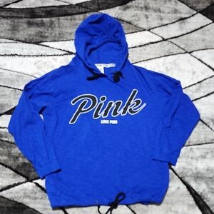 VS PINK 2019 BLUE COTTON LOGO CINCHED-HEM LONG-SLEEVE HOODIE TEE-SHIRT